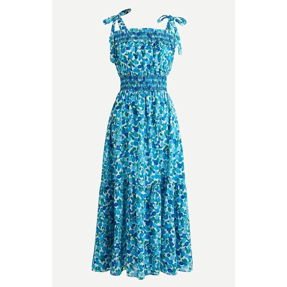 J. Crew Smocked midi dress in blueberry floral Tie Shoulder Ruffles Sz S (V5